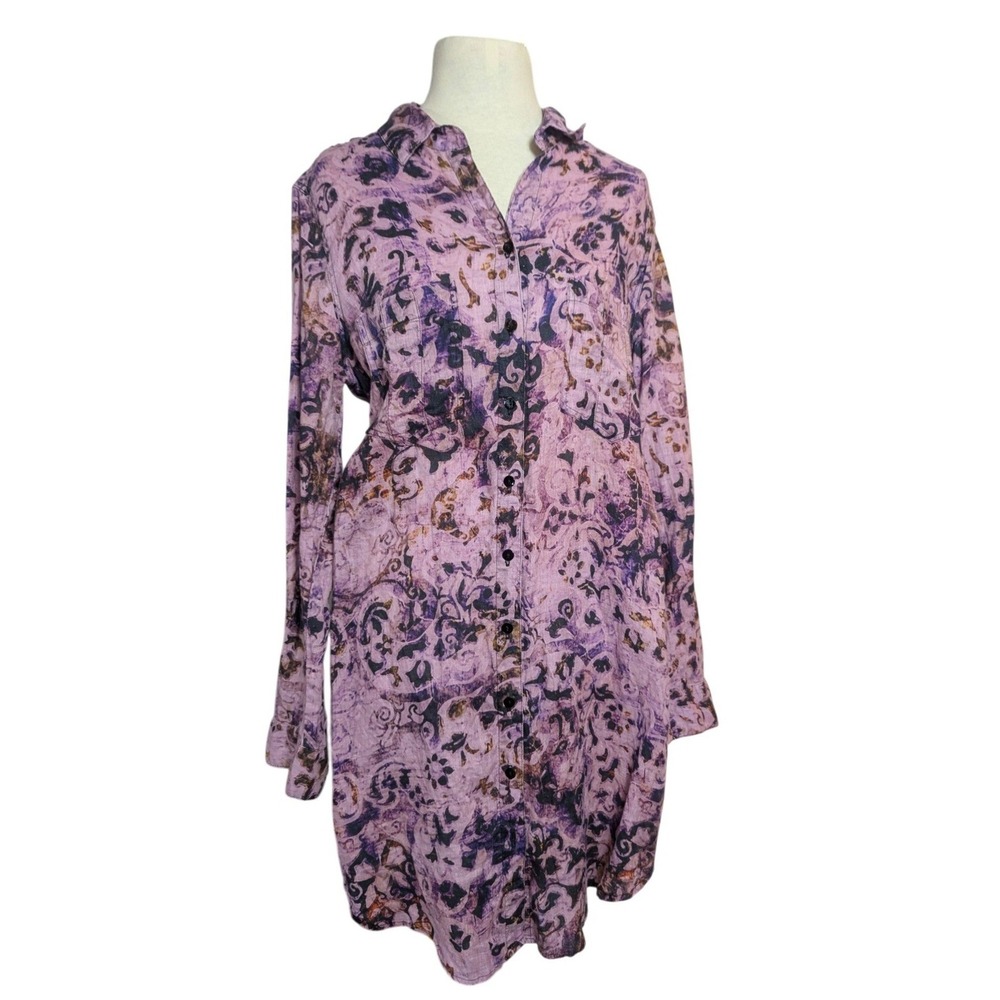 Tianello Savoir Purple Batik Print 100% Linen‎ Button Front Shirt Dress Small